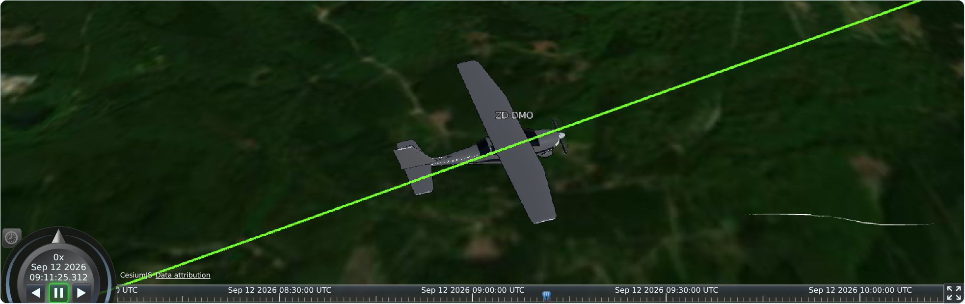The 3D replay following a Cessna 172 over real terrain